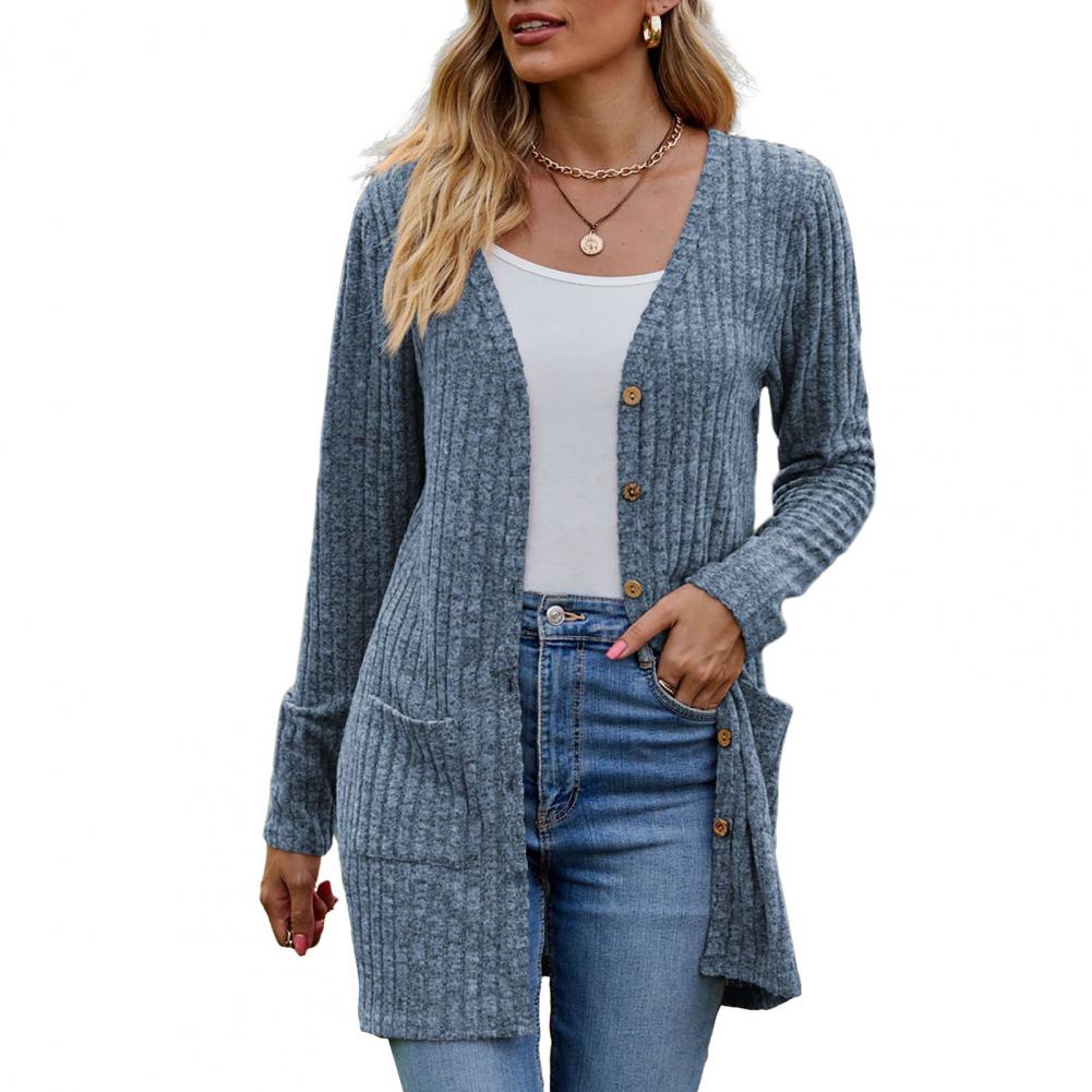 Cardigan boutonné côtelé long pour femme