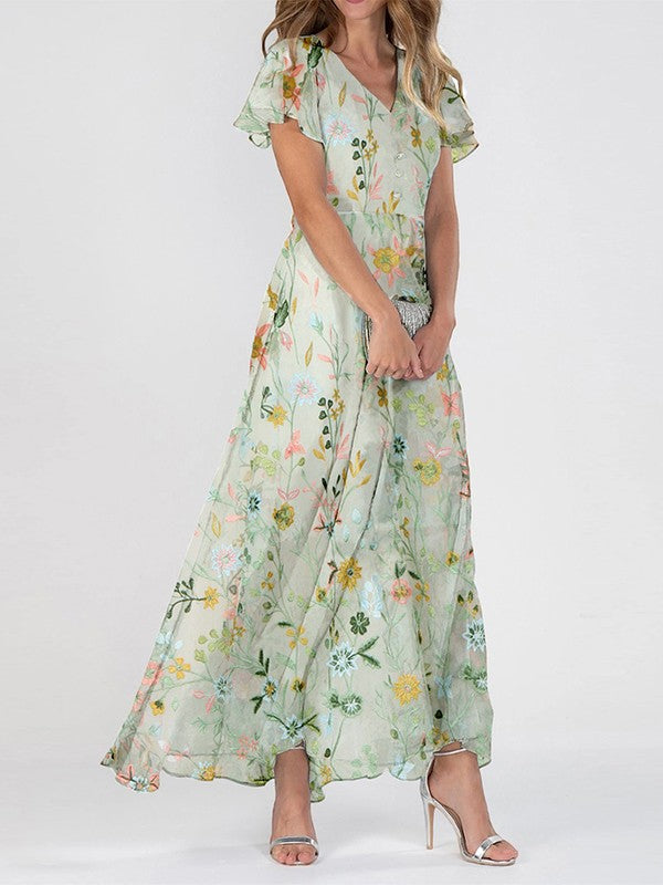 Women's Floral Print Maxi Dress with Flutter Sleeves