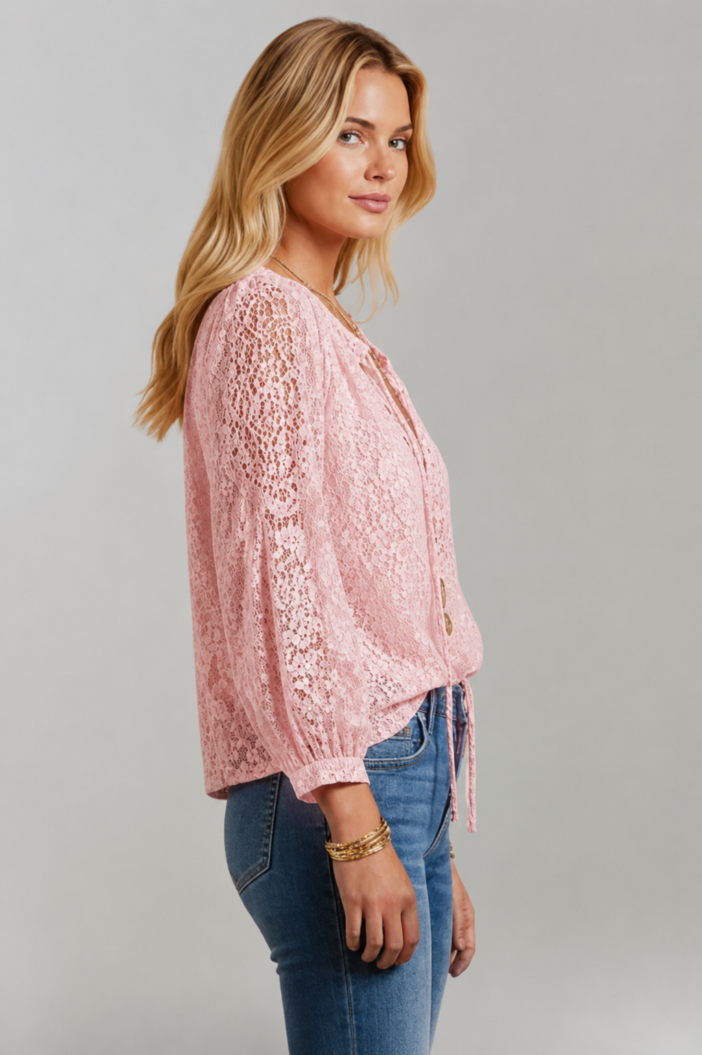 Women's Lace Tie Neck Peasant Blouse