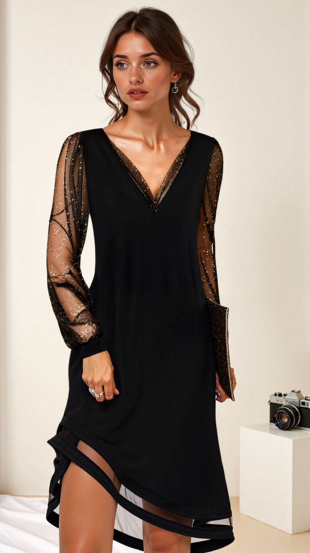 Women's Black Mini Dress with Shimmer Sleeves