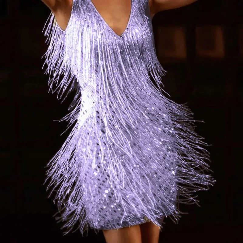 Women's Sequin Mini Dress | V-Neck Fringe Party Dress
