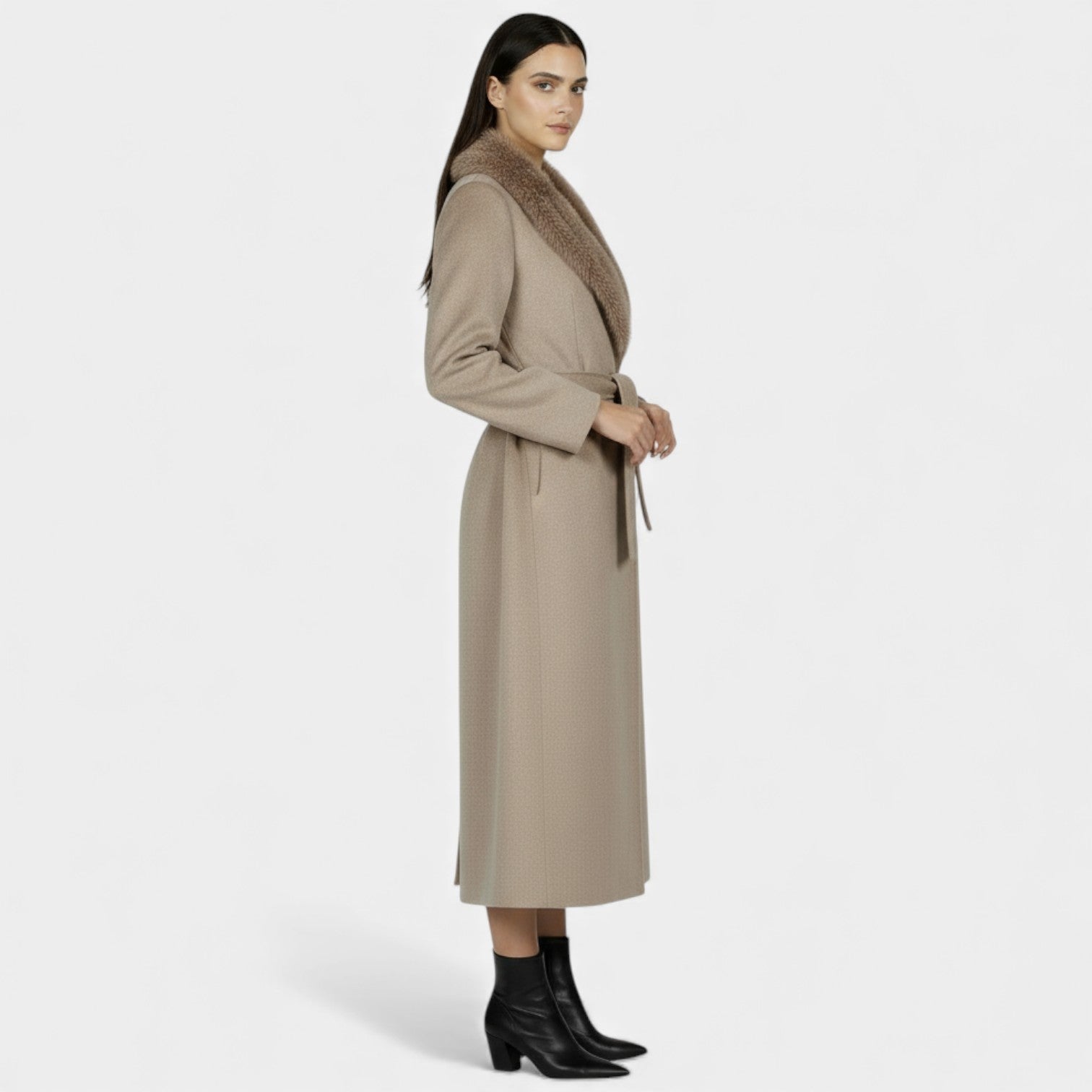 Women's Faux Fur Collar Belted Long Coat