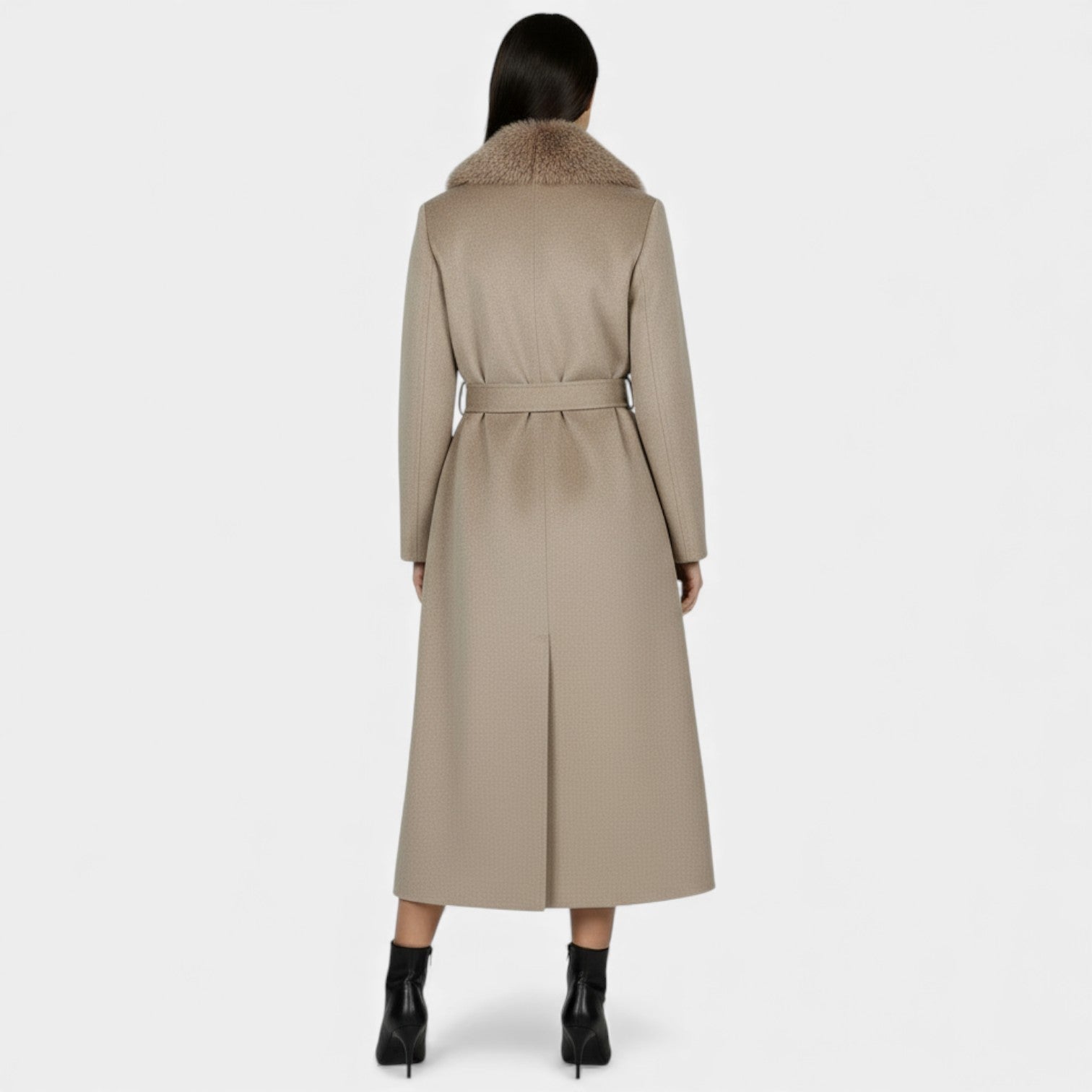 Women's Faux Fur Collar Belted Long Coat