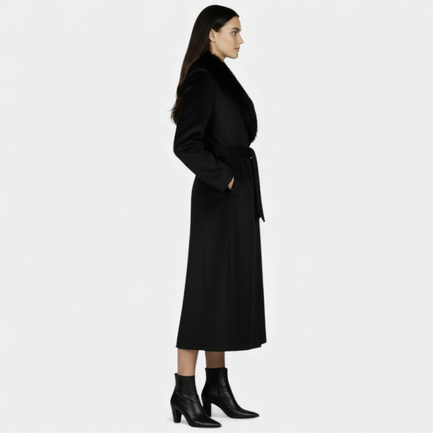 Women's Faux Fur Collar Belted Long Coat