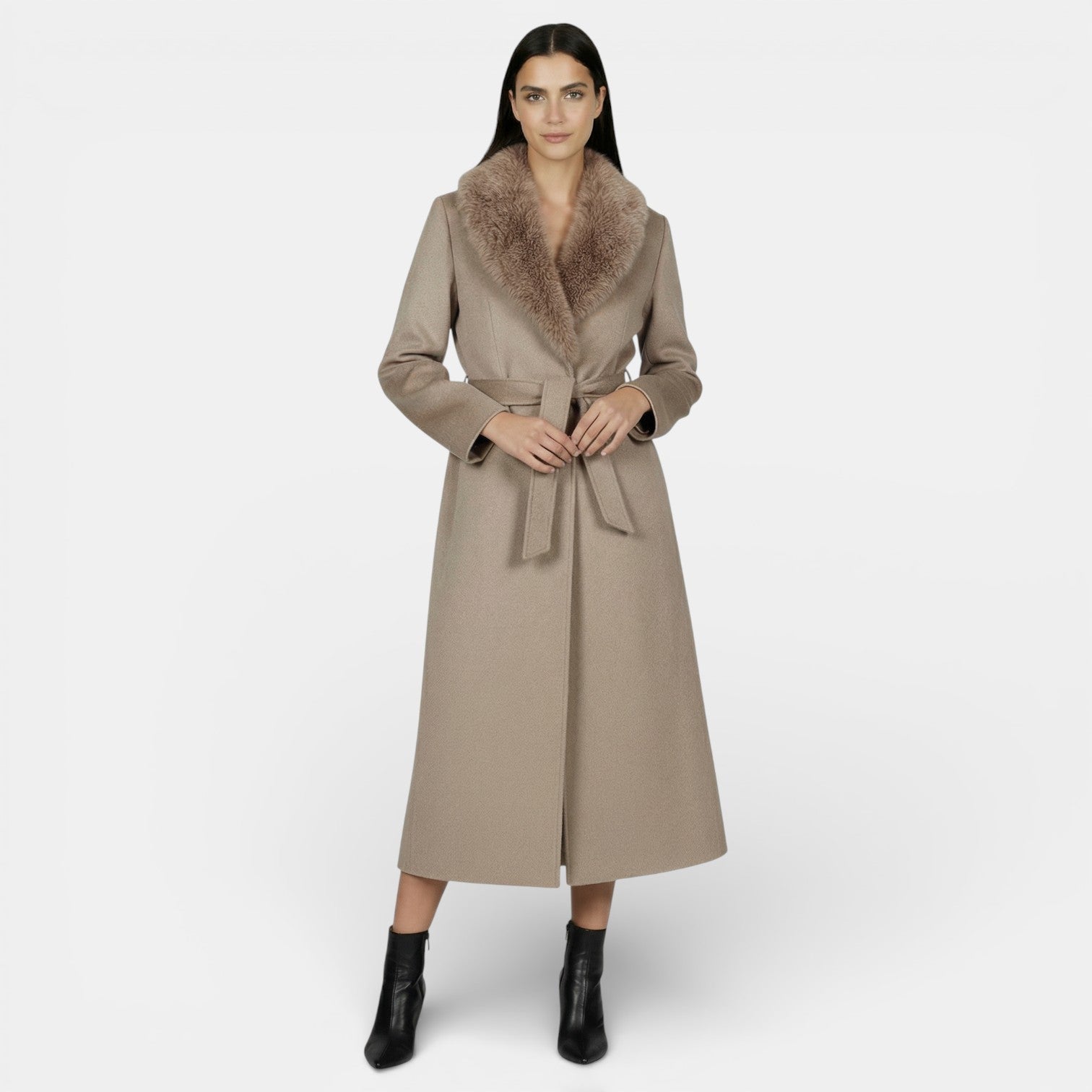 Women's Faux Fur Collar Belted Long Coat