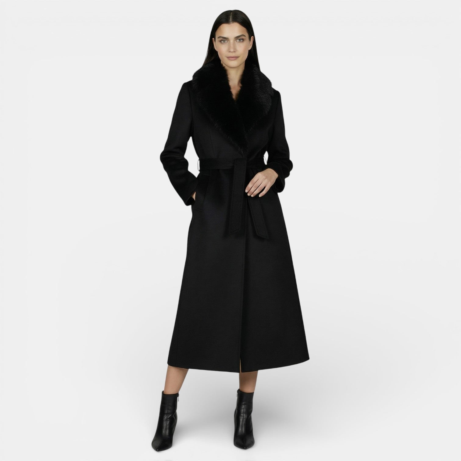 Women's Faux Fur Collar Belted Long Coat