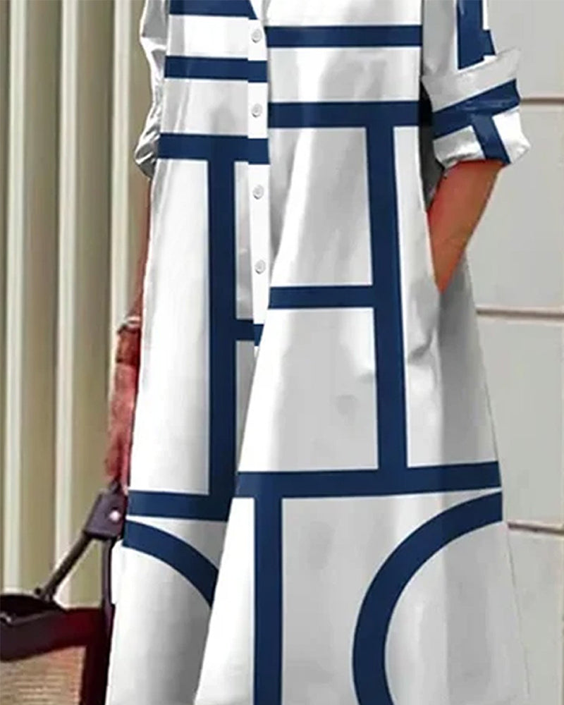 Geometric Print Shirt Dress with Button Front