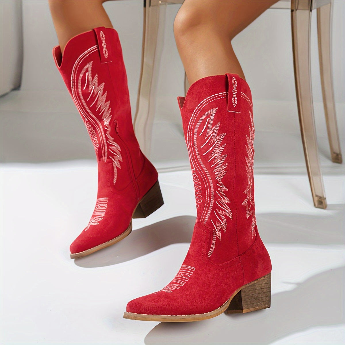 Women's Suede Western Boots with Scroll Embroidery