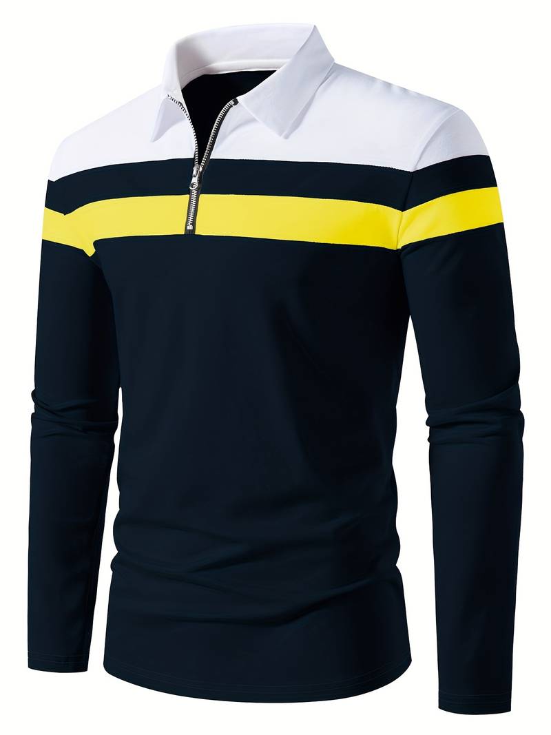 Men's Quarter Zip Colour Block Polo Shirt