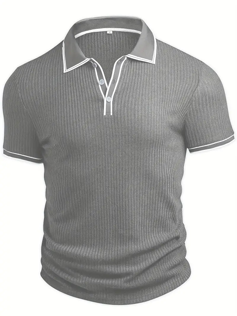 Ribbed Knit Polo with Contrast Placket Trim