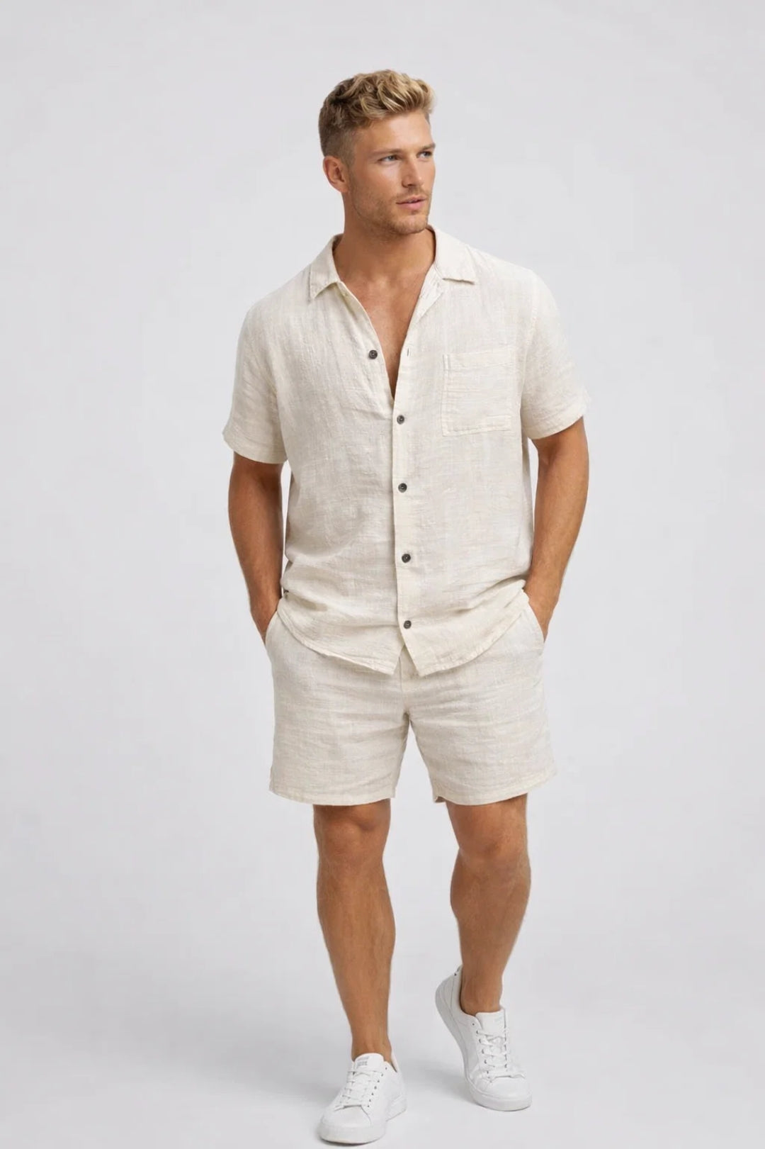 Linen Shirt and Shorts Set with Chest Pocket