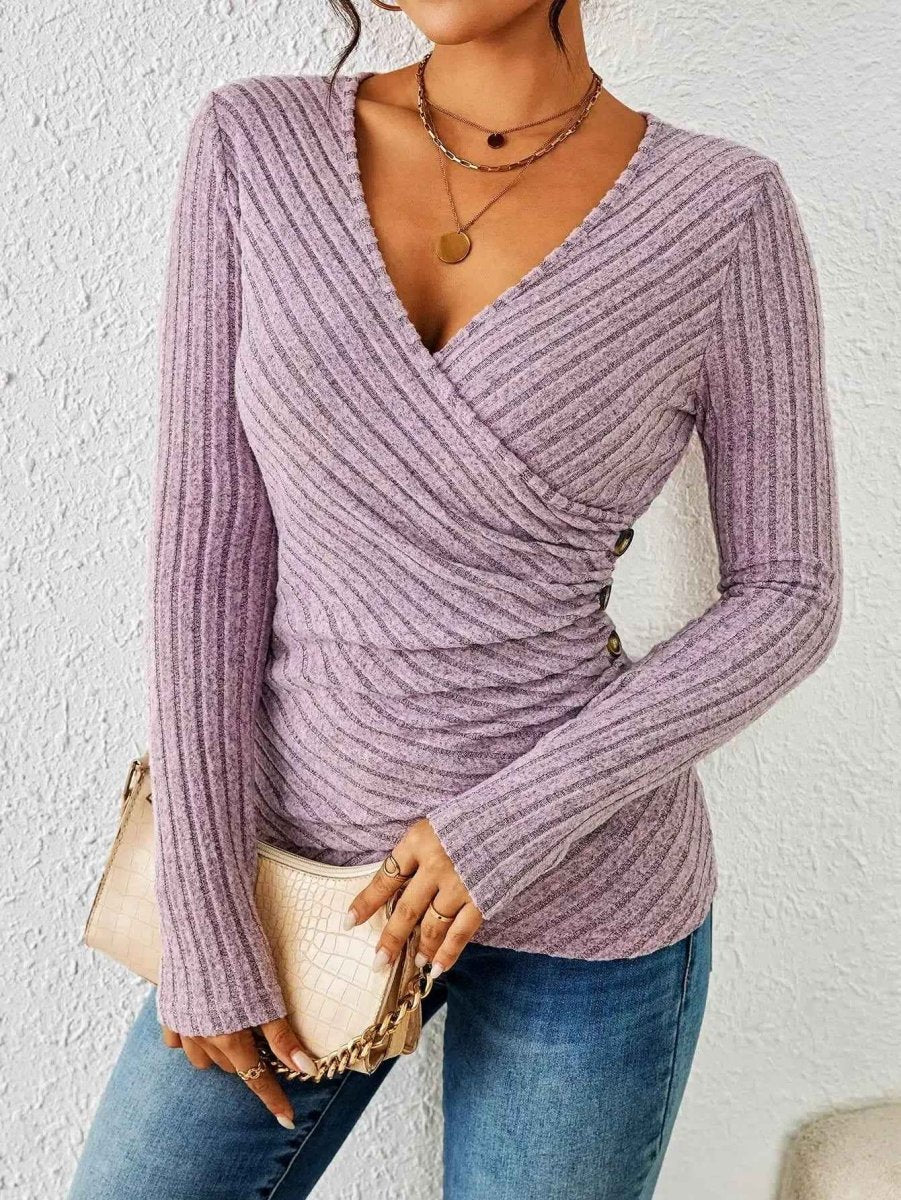 Women's Ribbed Wrap Front Long Sleeve Top
