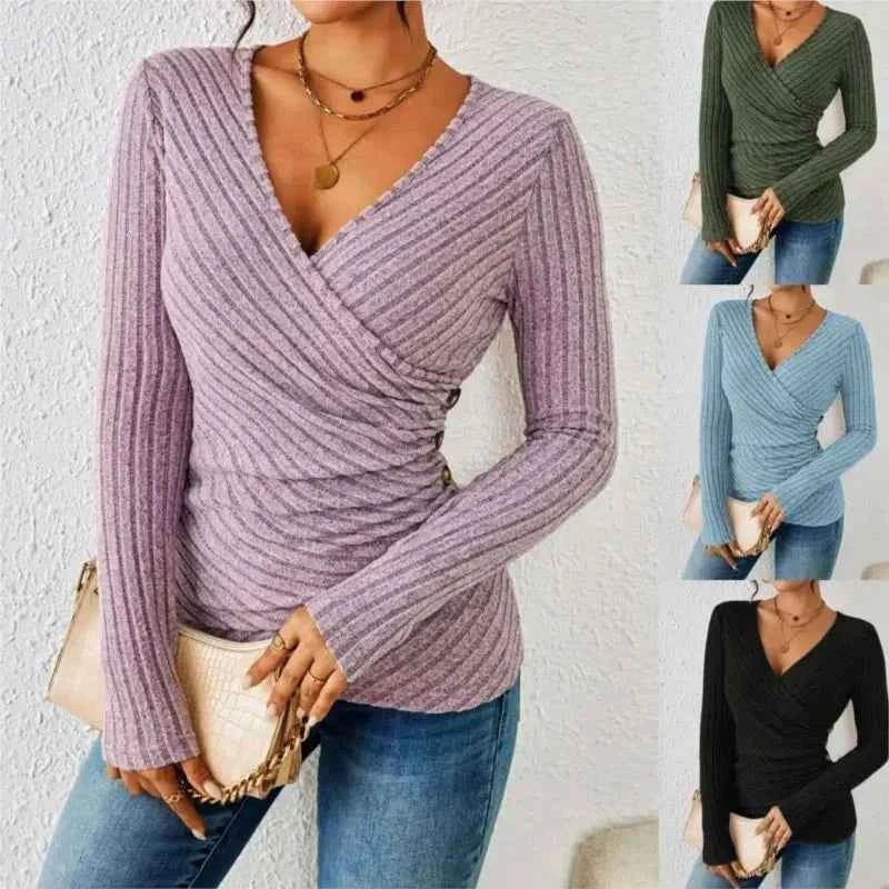 Women's Ribbed Wrap Front Long Sleeve Top