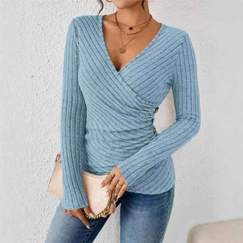 Women's Ribbed Wrap Front Long Sleeve Top