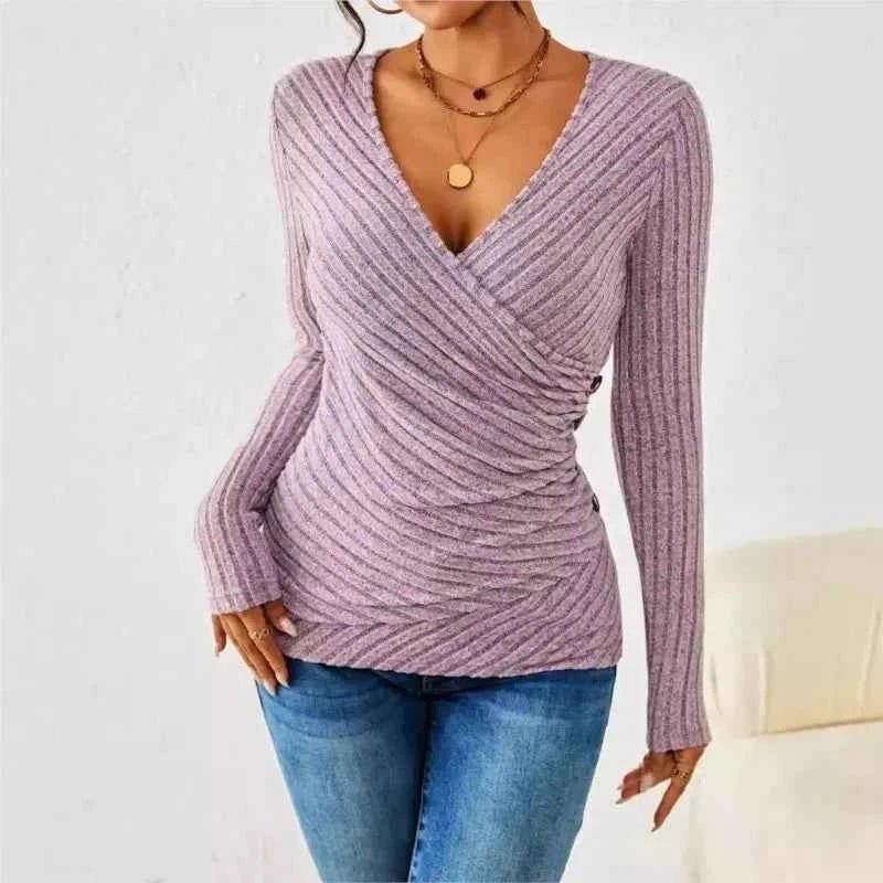 Women's Ribbed Wrap Front Long Sleeve Top