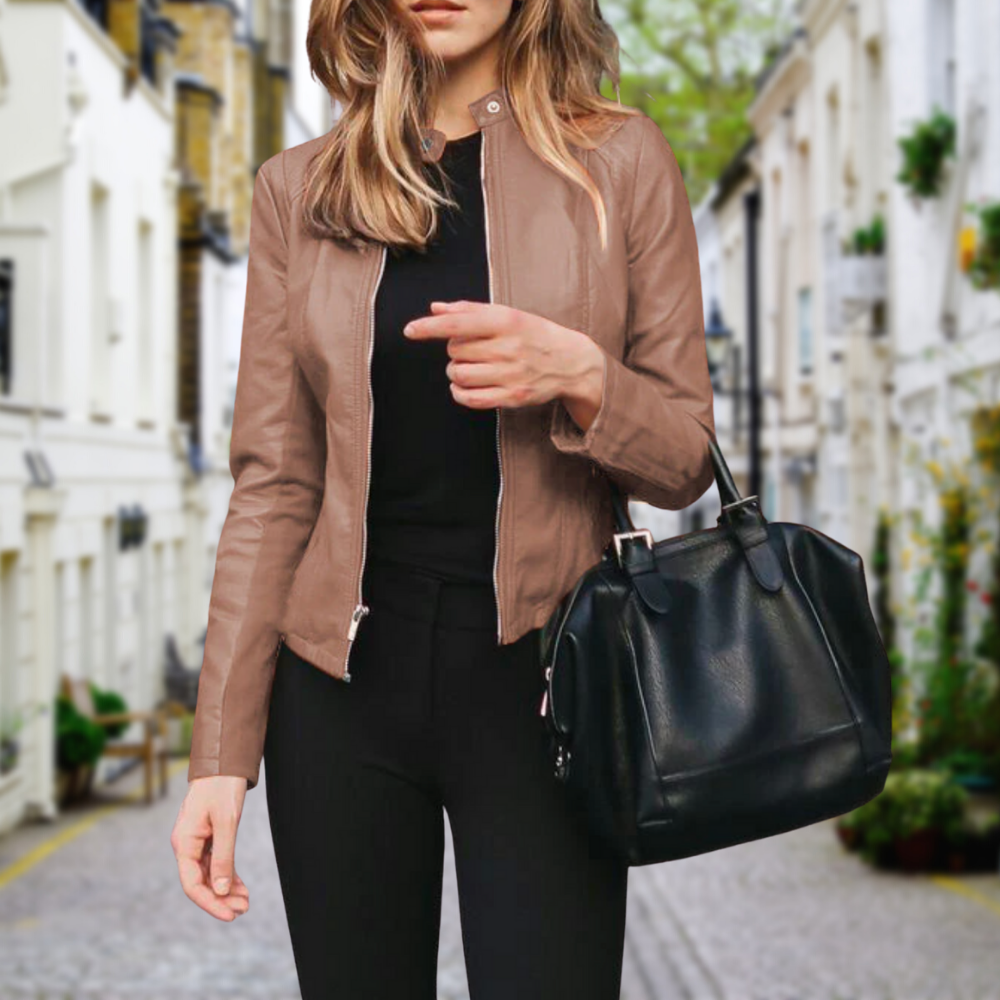 Women's Zip Front Moto Jacket with Stand Collar