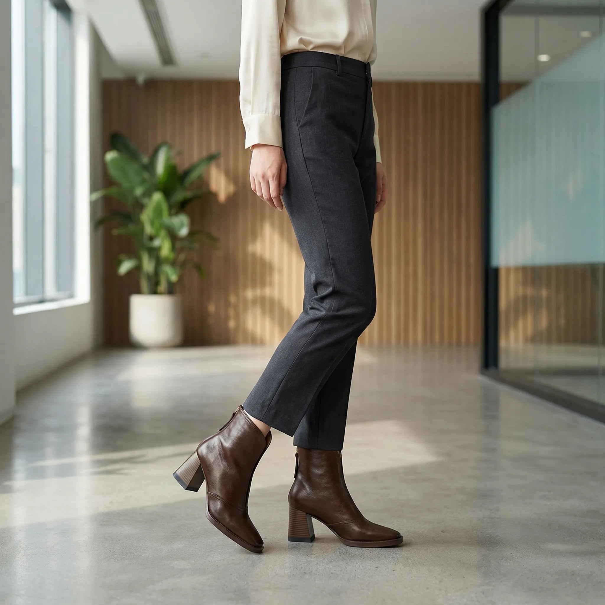 Women's Glossy Block Heel Ankle Boots with Zip Closure