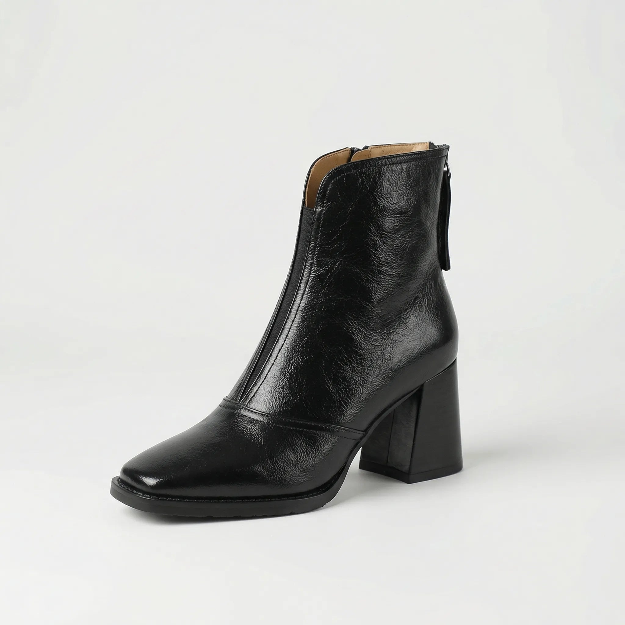 Women's Glossy Block Heel Ankle Boots with Zip Closure