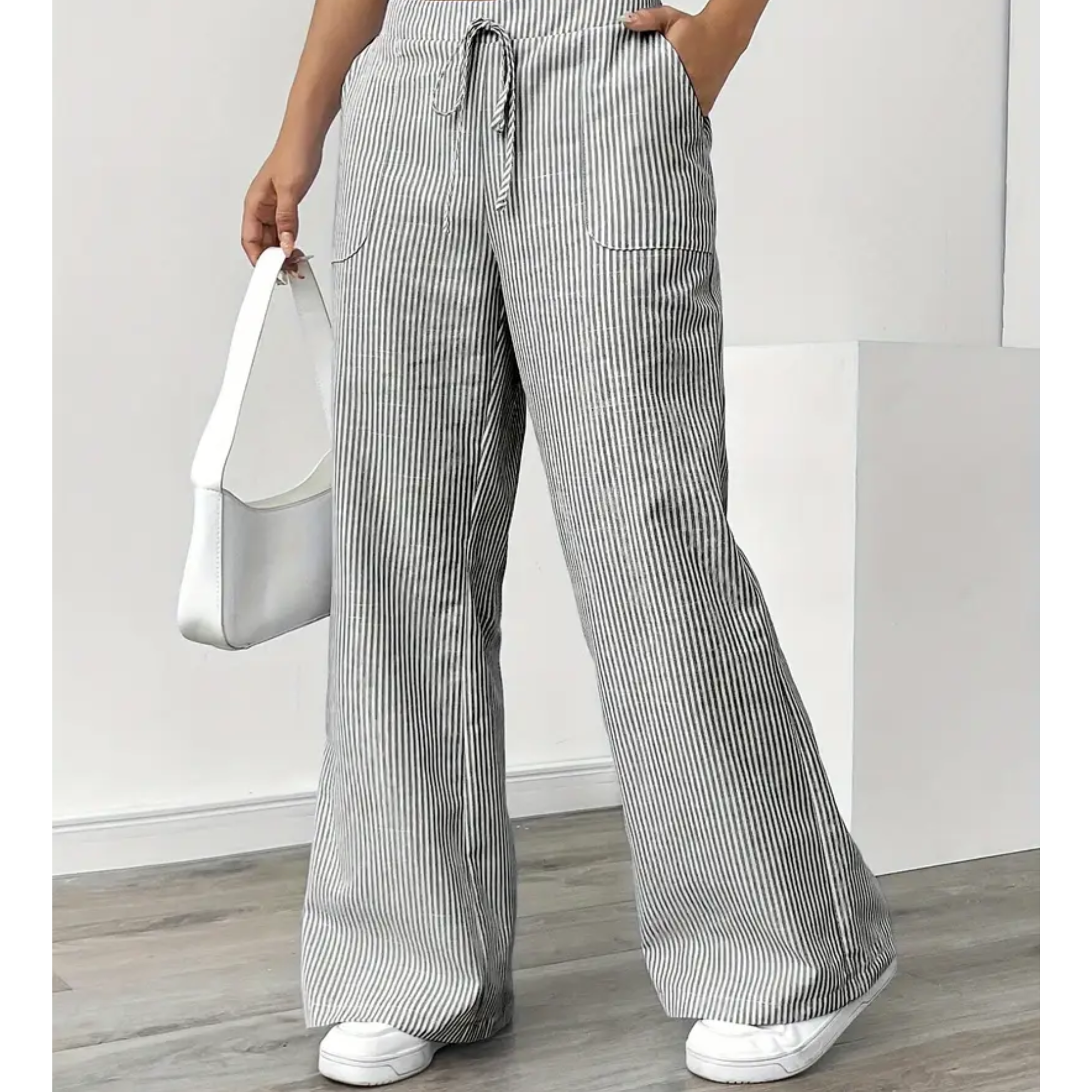 Women's Striped Wide-Leg Drawstring Pants with Pockets