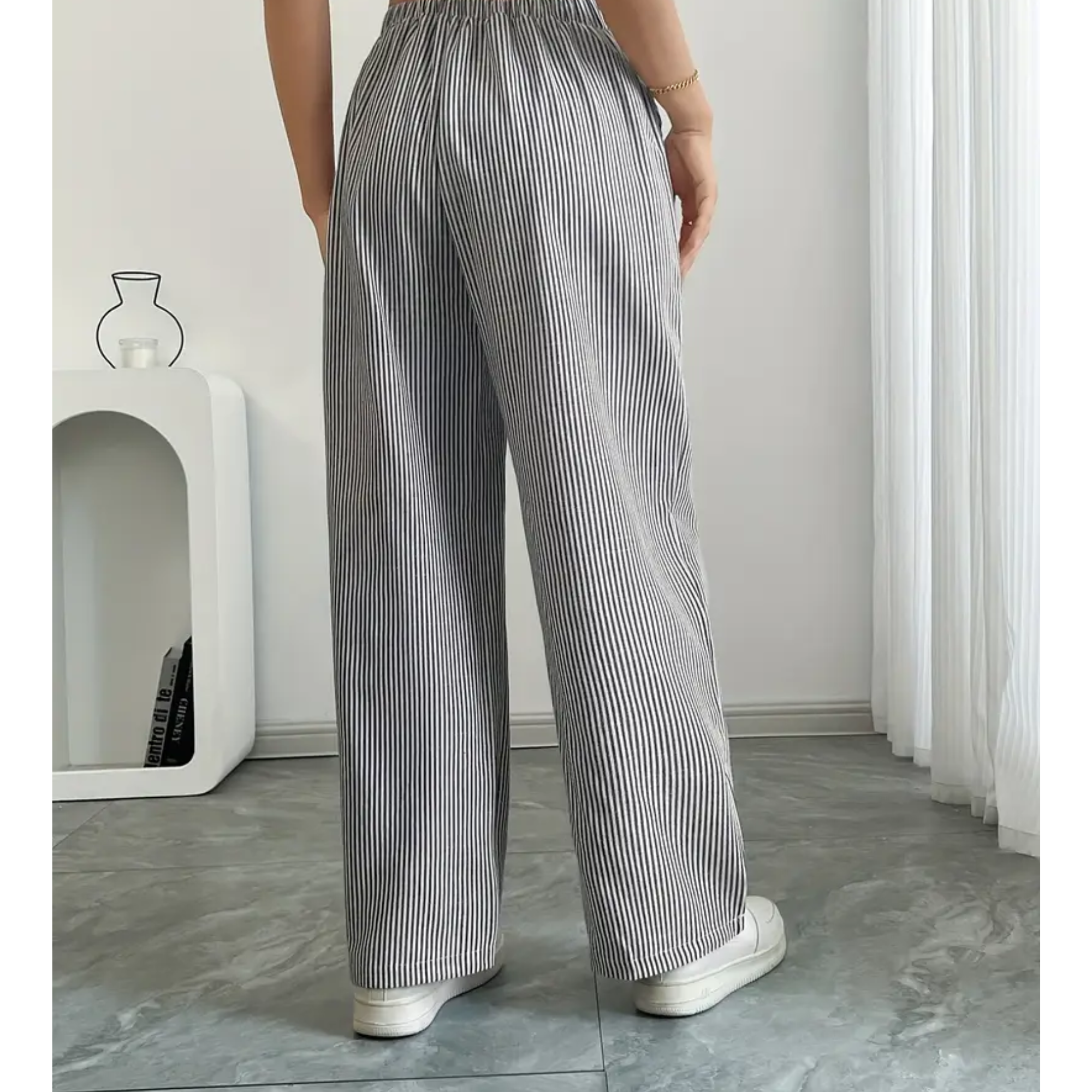 Women's Striped Wide-Leg Drawstring Pants with Pockets