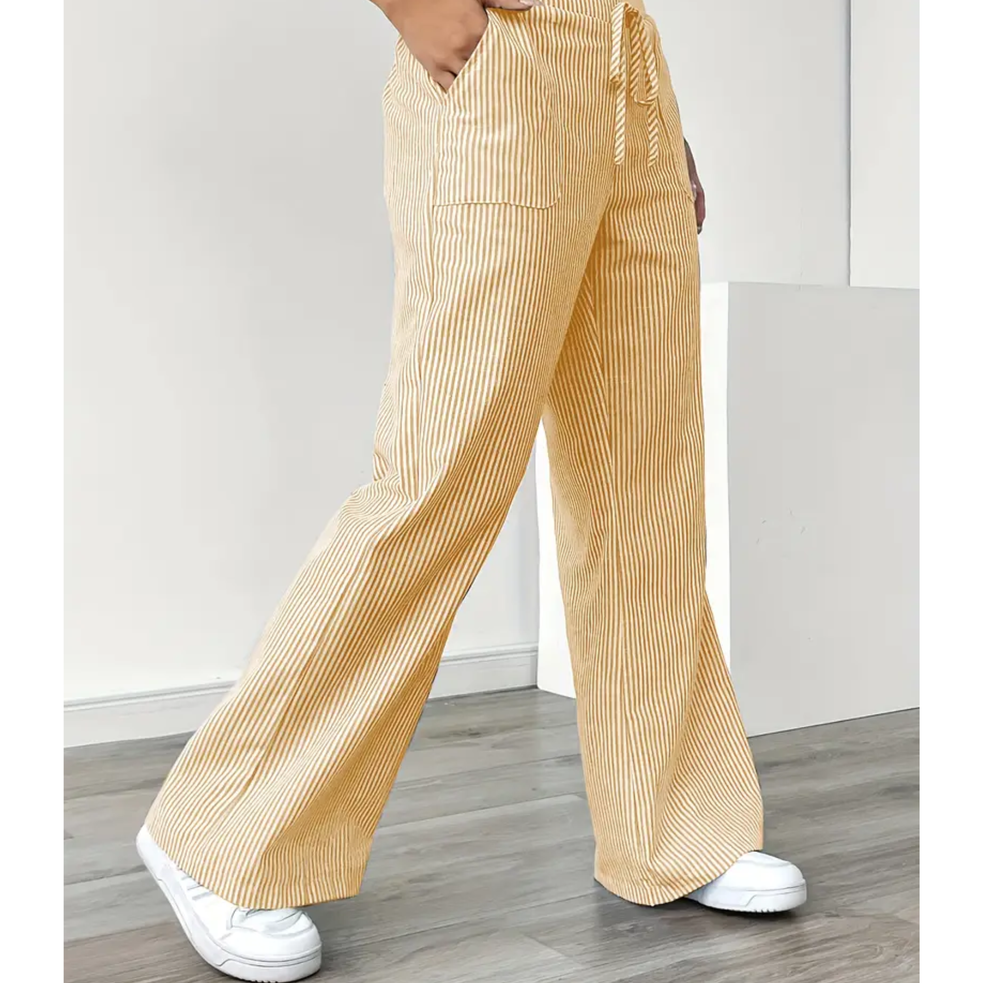 Women's Striped Wide-Leg Drawstring Pants with Pockets