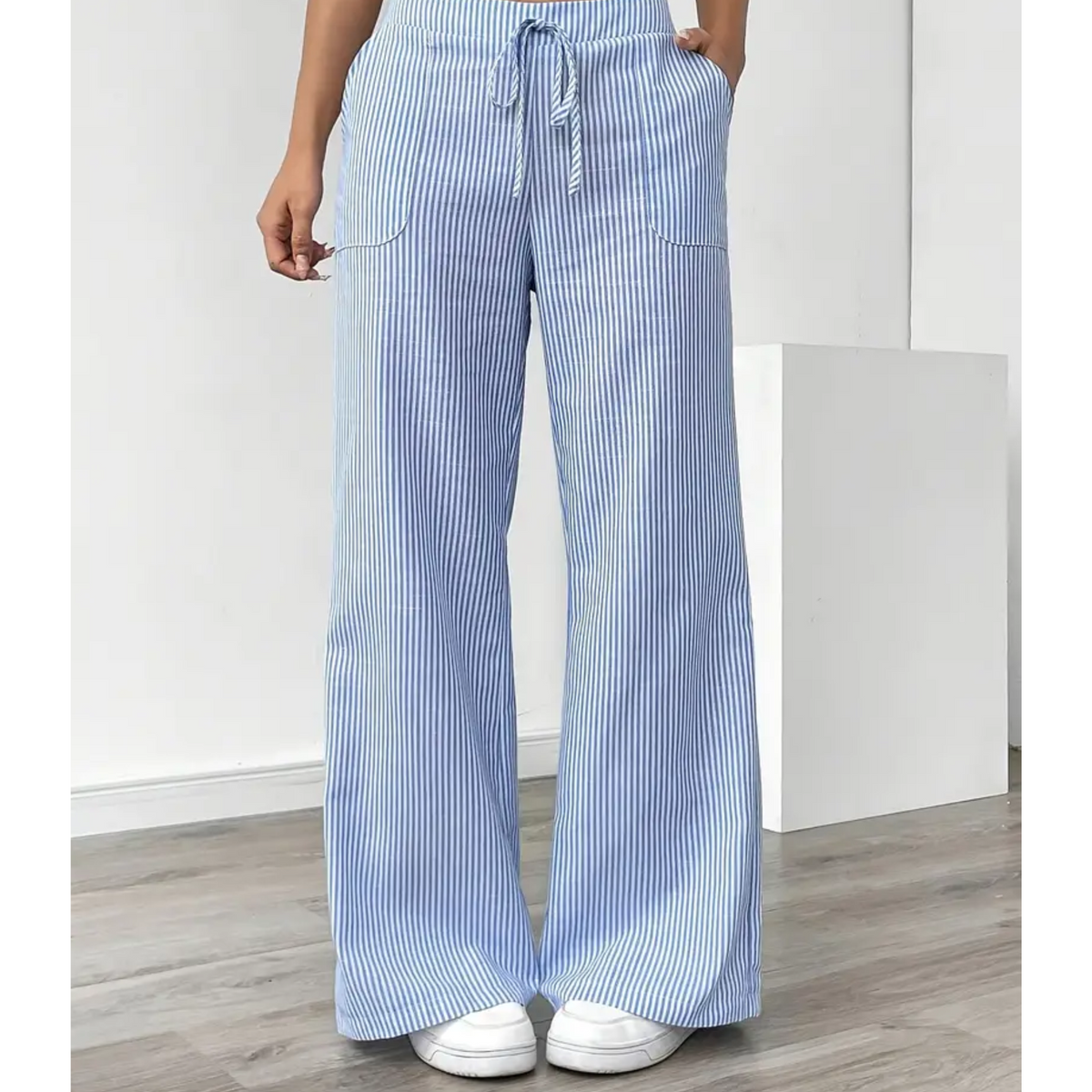 Women's Striped Wide-Leg Drawstring Pants with Pockets