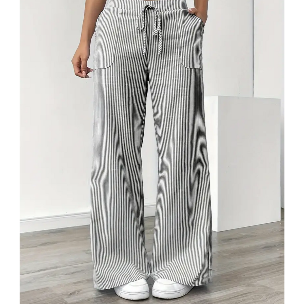 Women's Striped Wide-Leg Drawstring Pants with Pockets