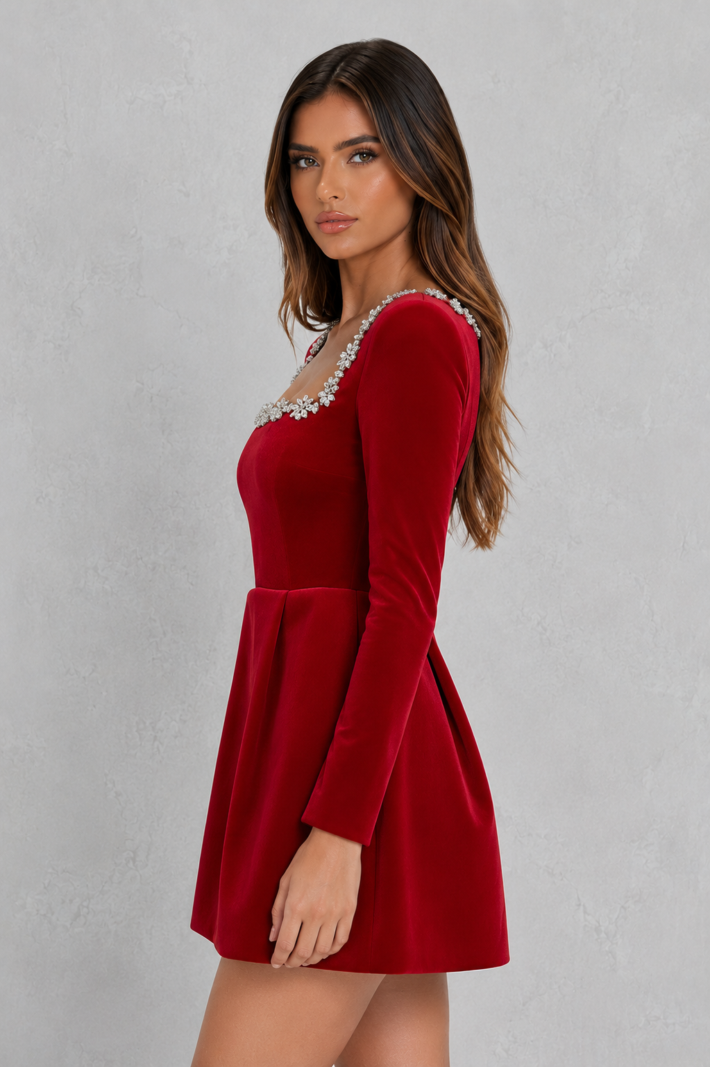Women's Velvet Christmas Party Dress with Jewelled Neckline