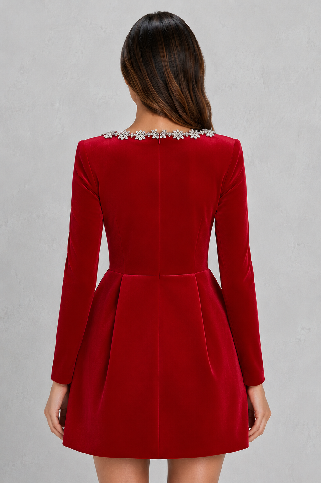 Women's Velvet Christmas Party Dress with Jewelled Neckline