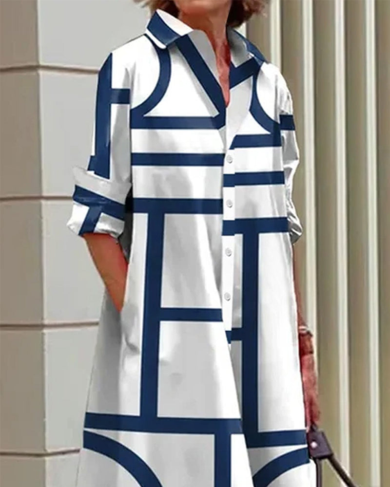 Geometric Print Shirt Dress with Button Front
