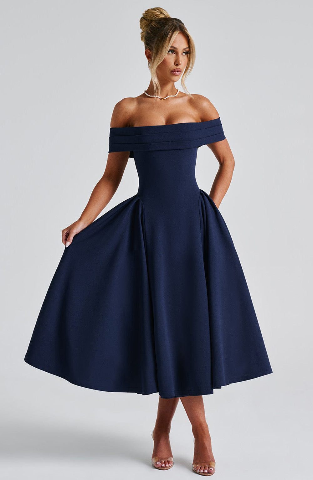Women's Off-Shoulder Midi Party Dress | Pleated Flare