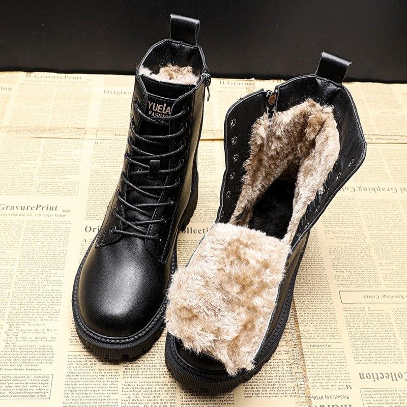 Bottes d'hiver noires en cuir pour femme | Bottines chaudes doublées