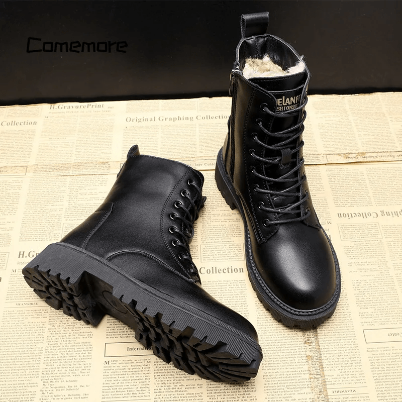 Bottes d'hiver noires en cuir pour femme | Bottines chaudes doublées