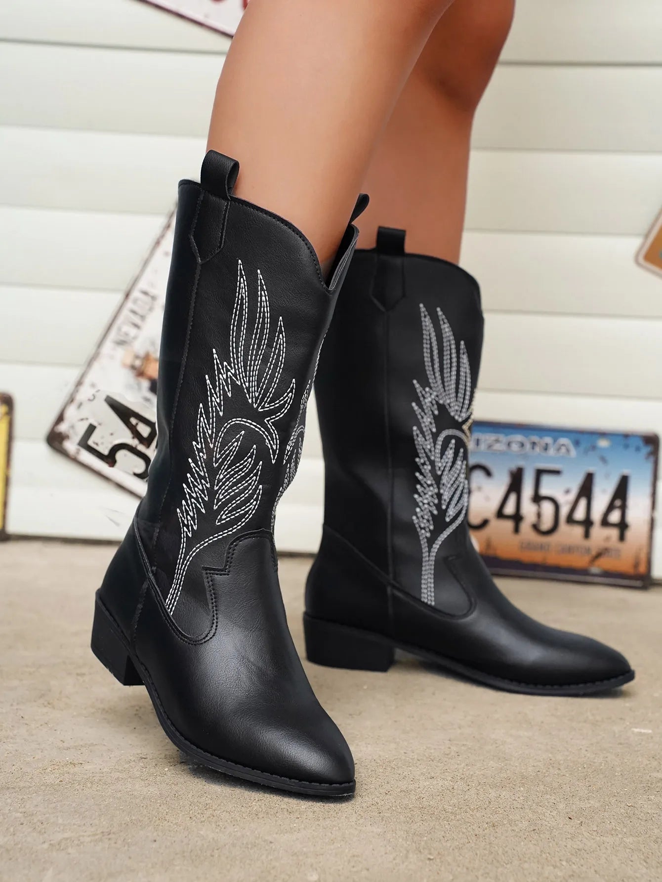 Knee-High Western Boots with Pull Tabs and Block Heel
