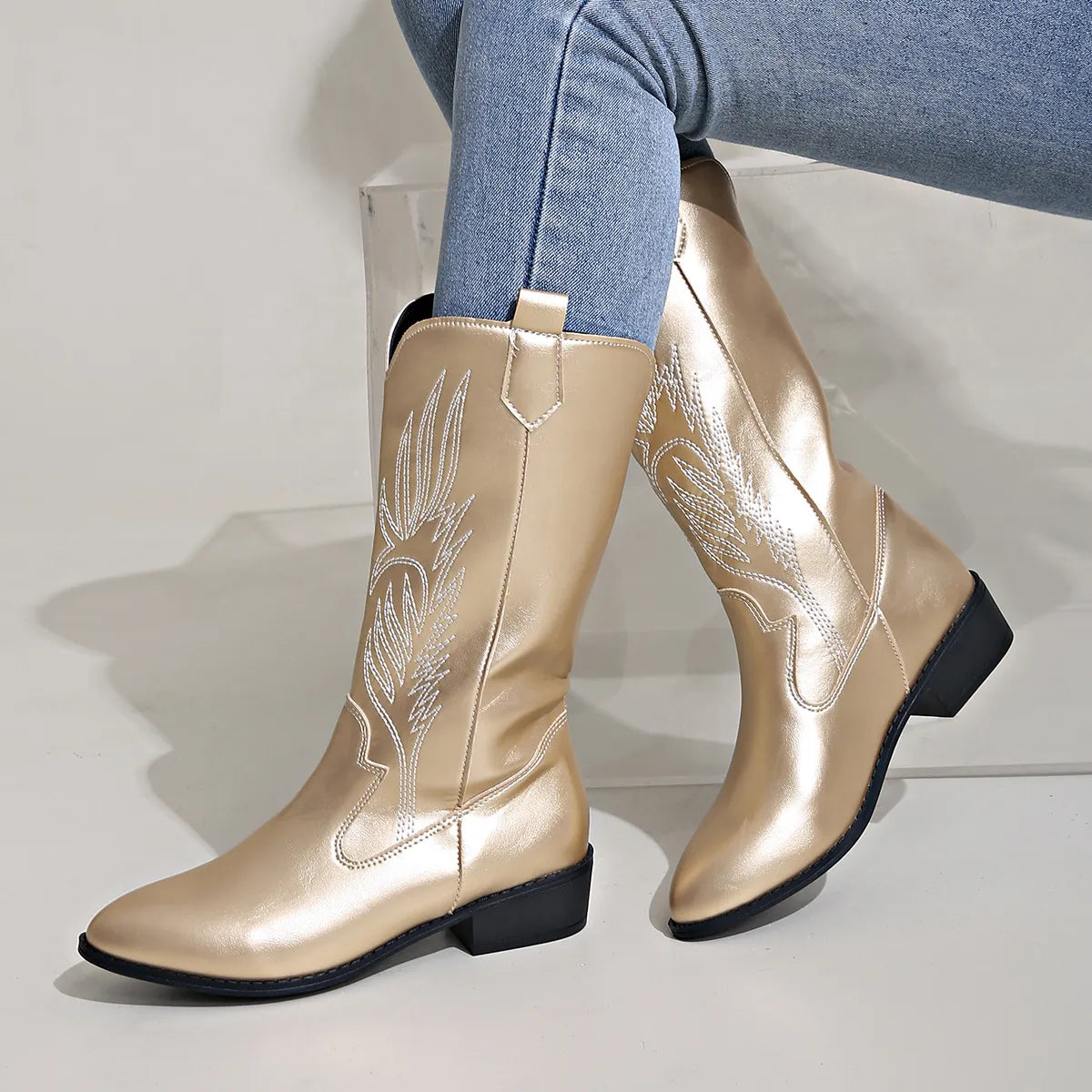 Knee-High Western Boots with Pull Tabs and Block Heel