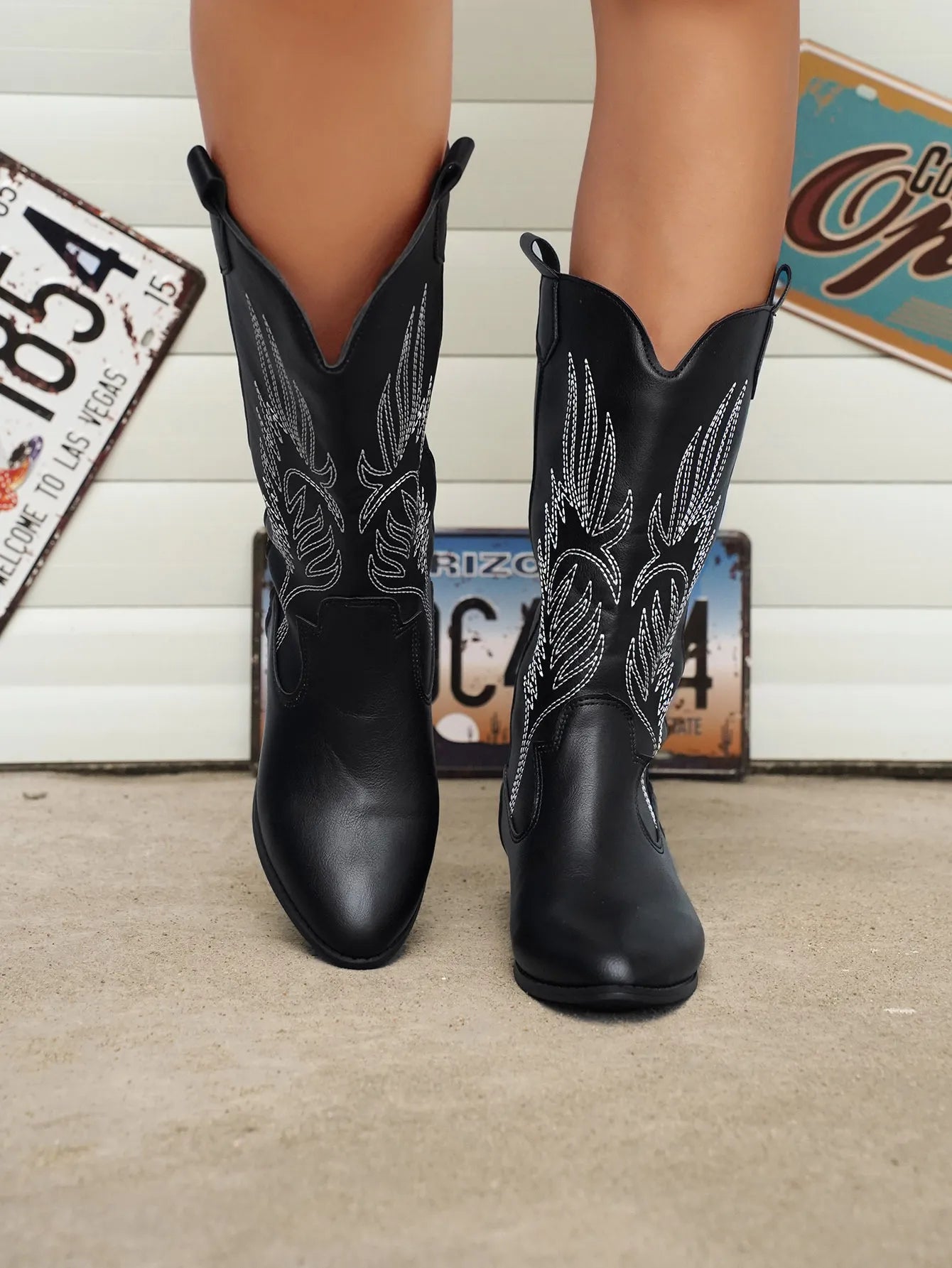 Knee-High Western Boots with Pull Tabs and Block Heel