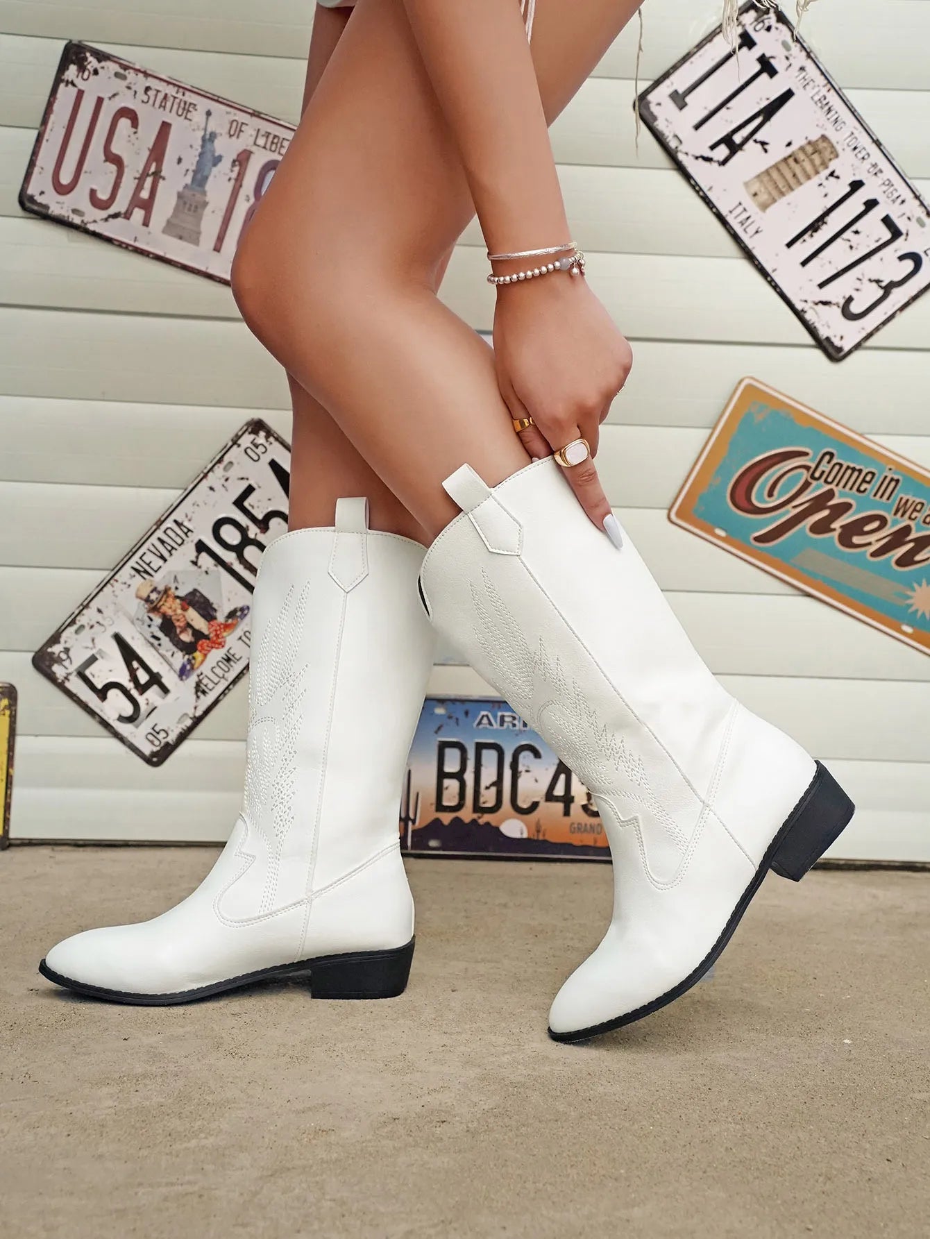 Knee-High Western Boots with Pull Tabs and Block Heel