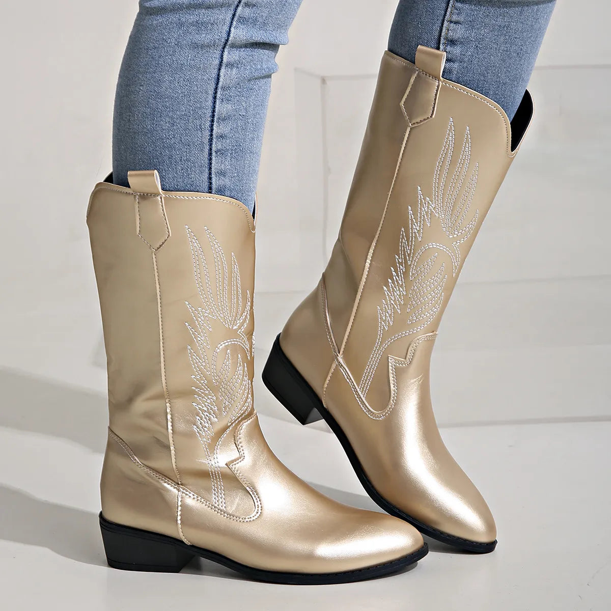 Knee-High Western Boots with Pull Tabs and Block Heel