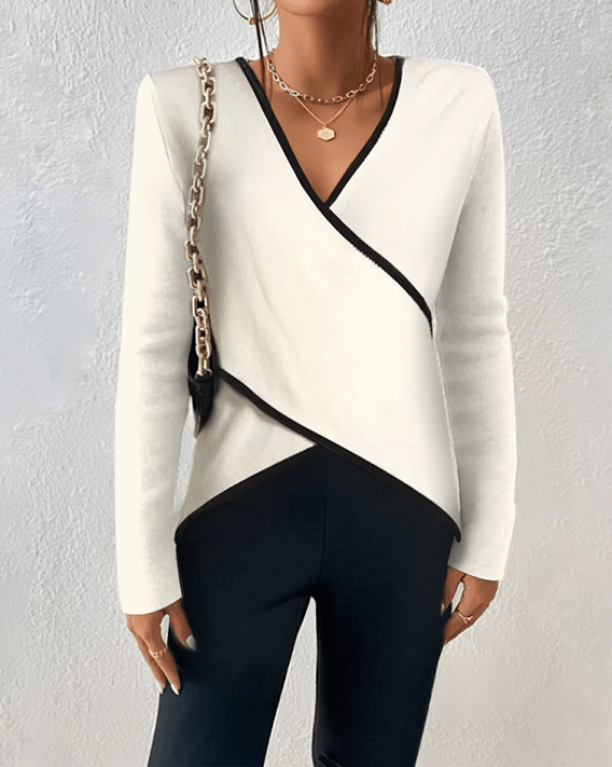 Women's Contrast Trim Wrap Front Long Sleeve Top