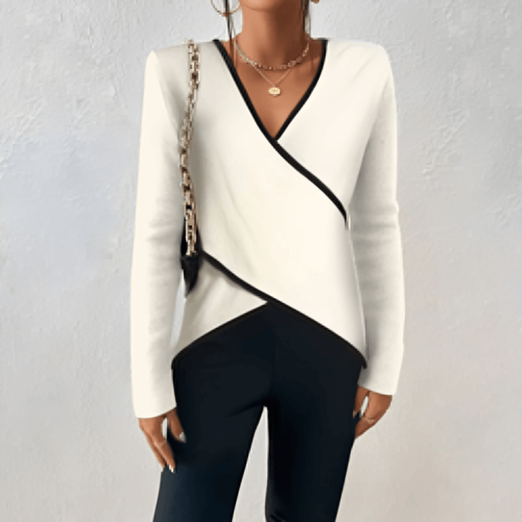 Women's Contrast Trim Wrap Front Long Sleeve Top