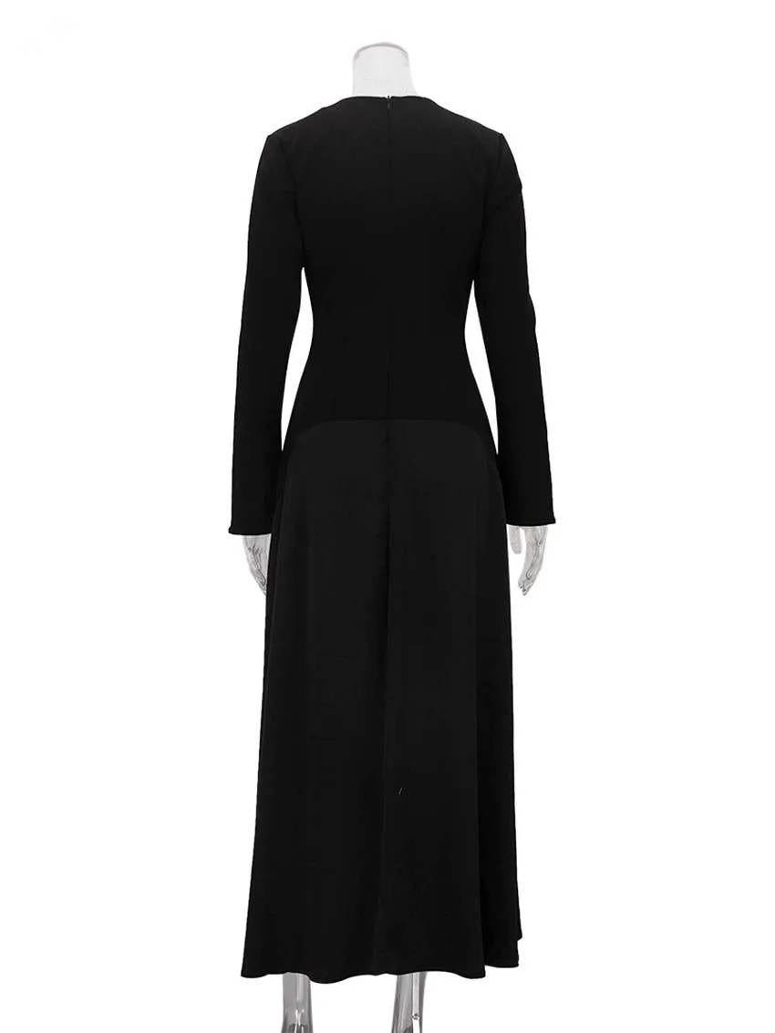 Robe longue noire à manches longues pour femme | Maille et satin