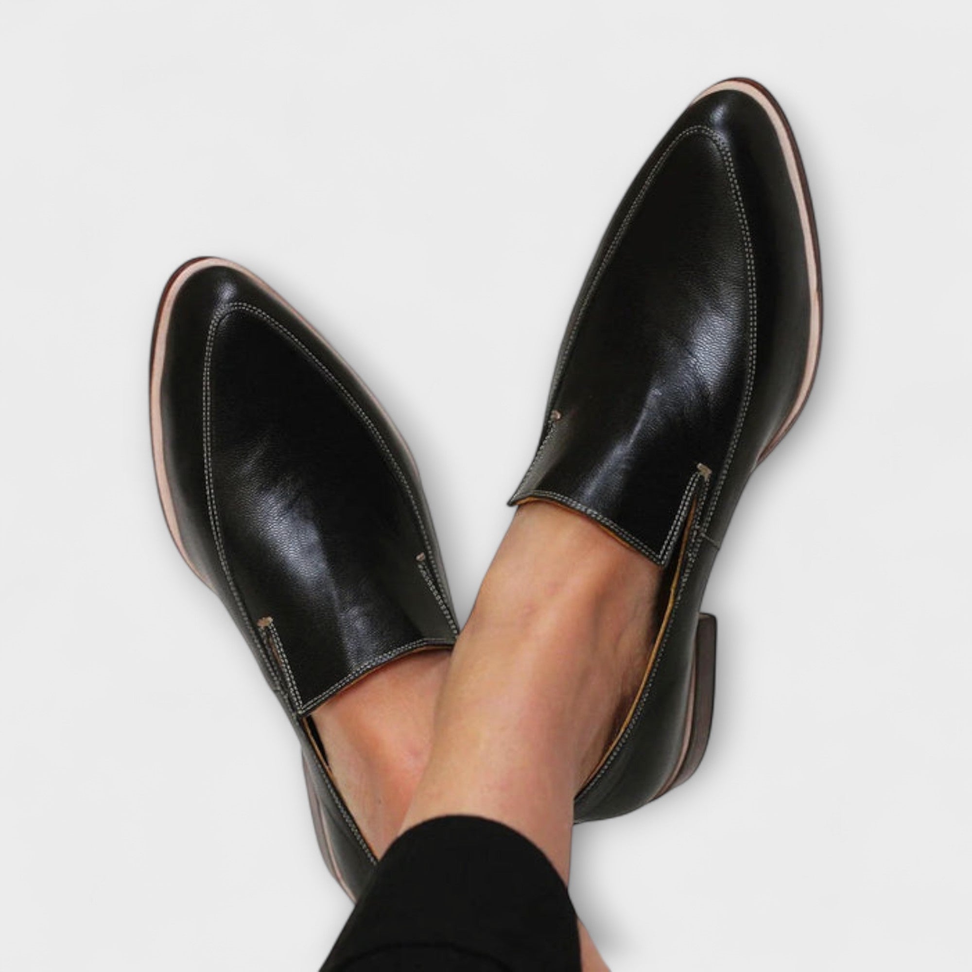 Leather Loafers with Pointed Toe and Contrast Stitching