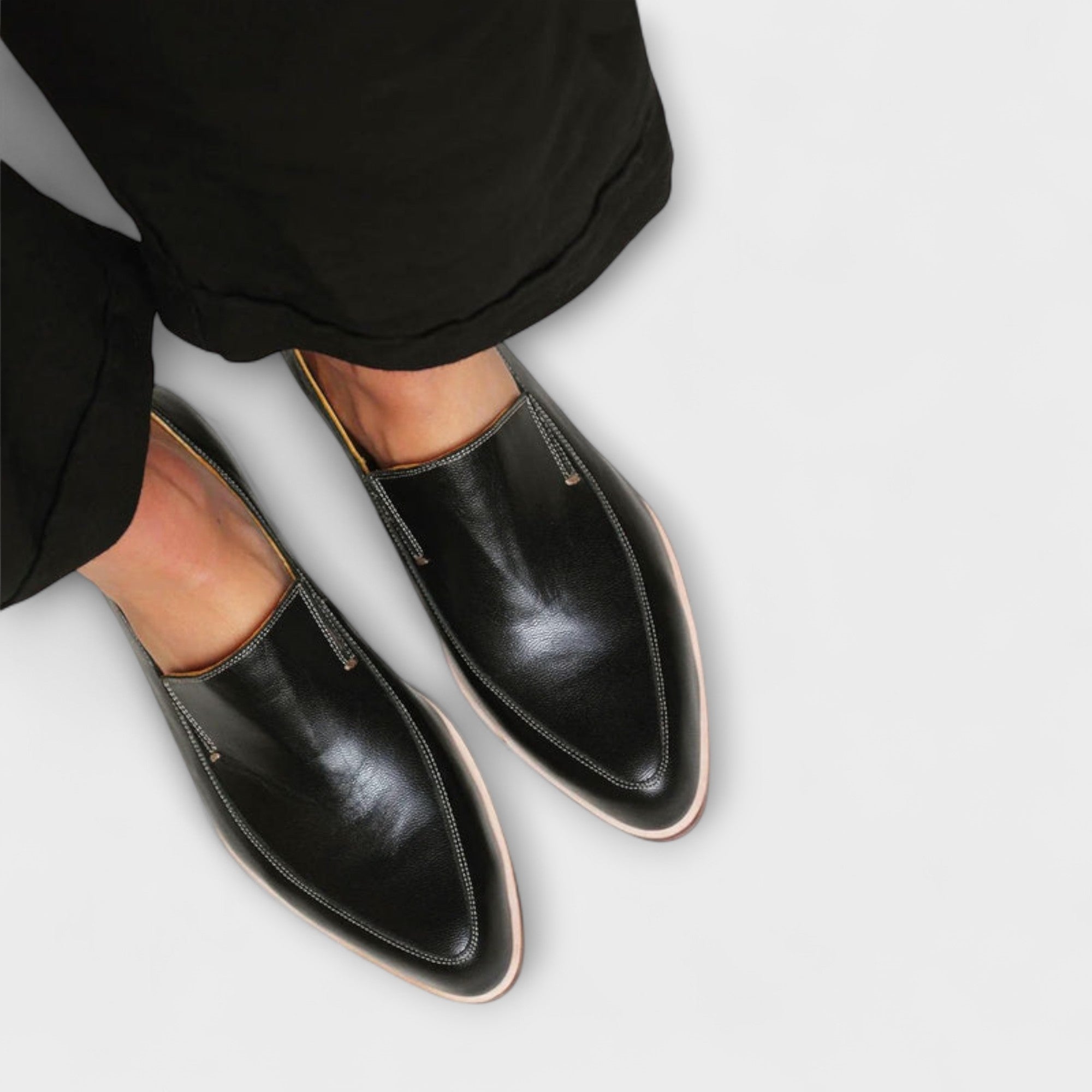 Leather Loafers with Pointed Toe and Contrast Stitching