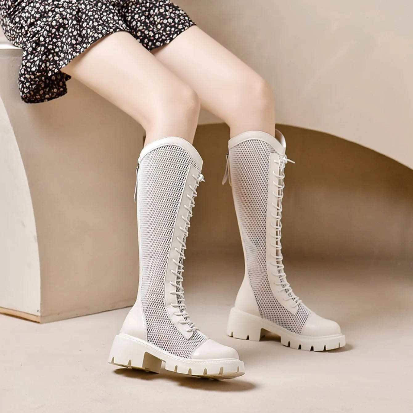 Women’s Knee-High Mesh Lace-Up Chunky Boots