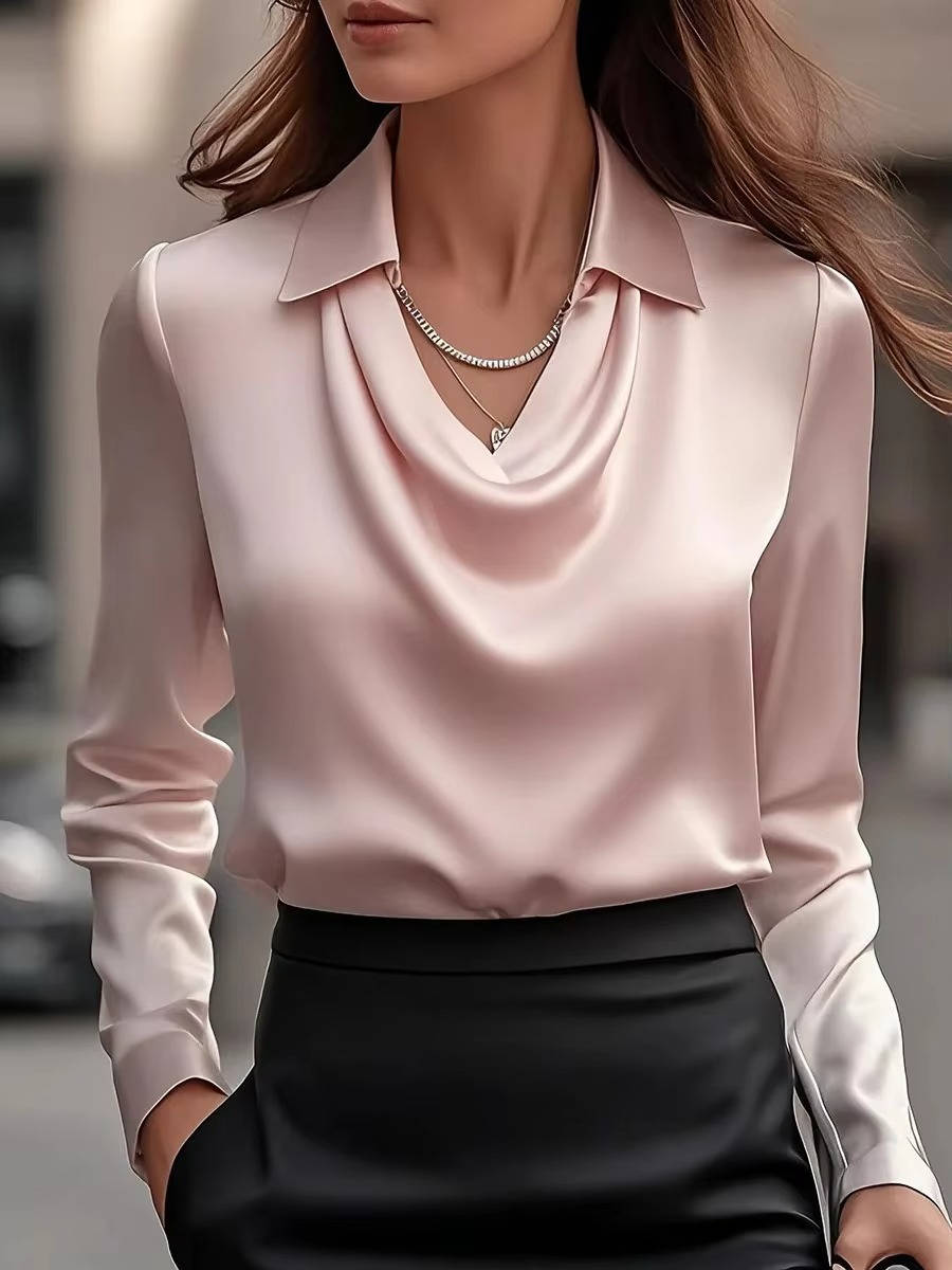 Women's Satin Cowl Neck Long Sleeve Blouse