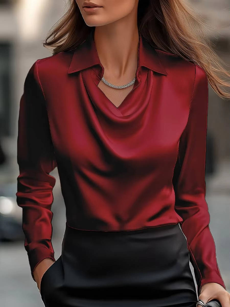 Women's Satin Cowl Neck Long Sleeve Blouse