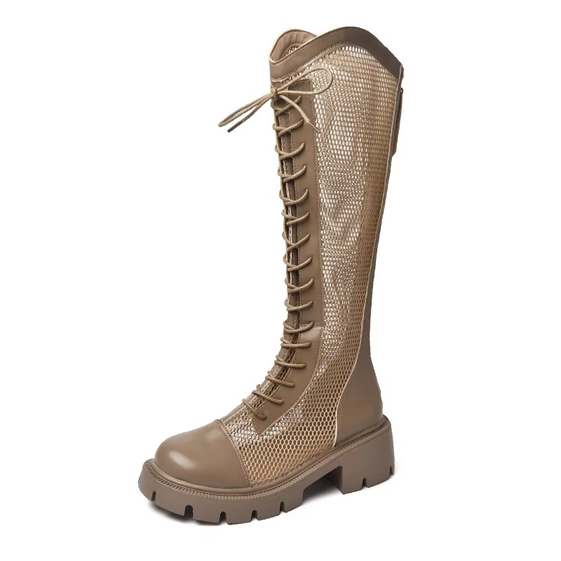 Women’s Knee-High Mesh Lace-Up Chunky Boots