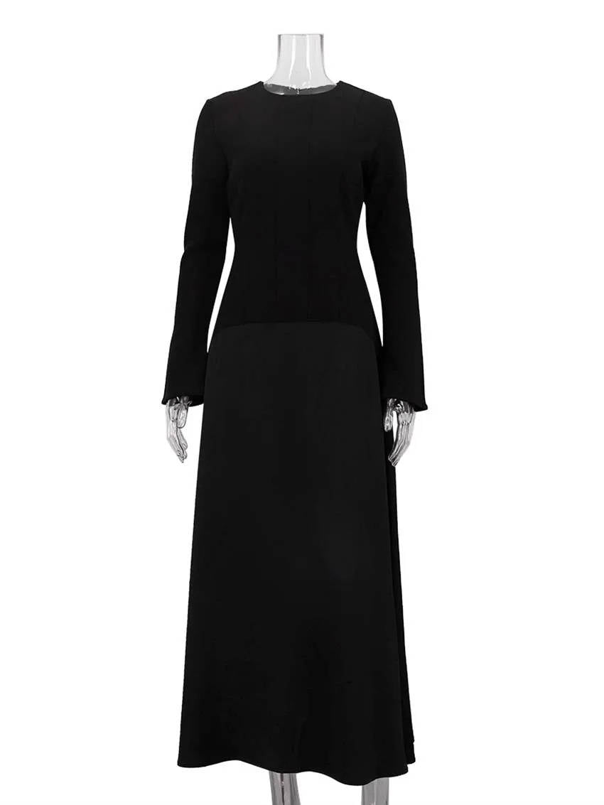 Robe longue noire à manches longues pour femme | Maille et satin