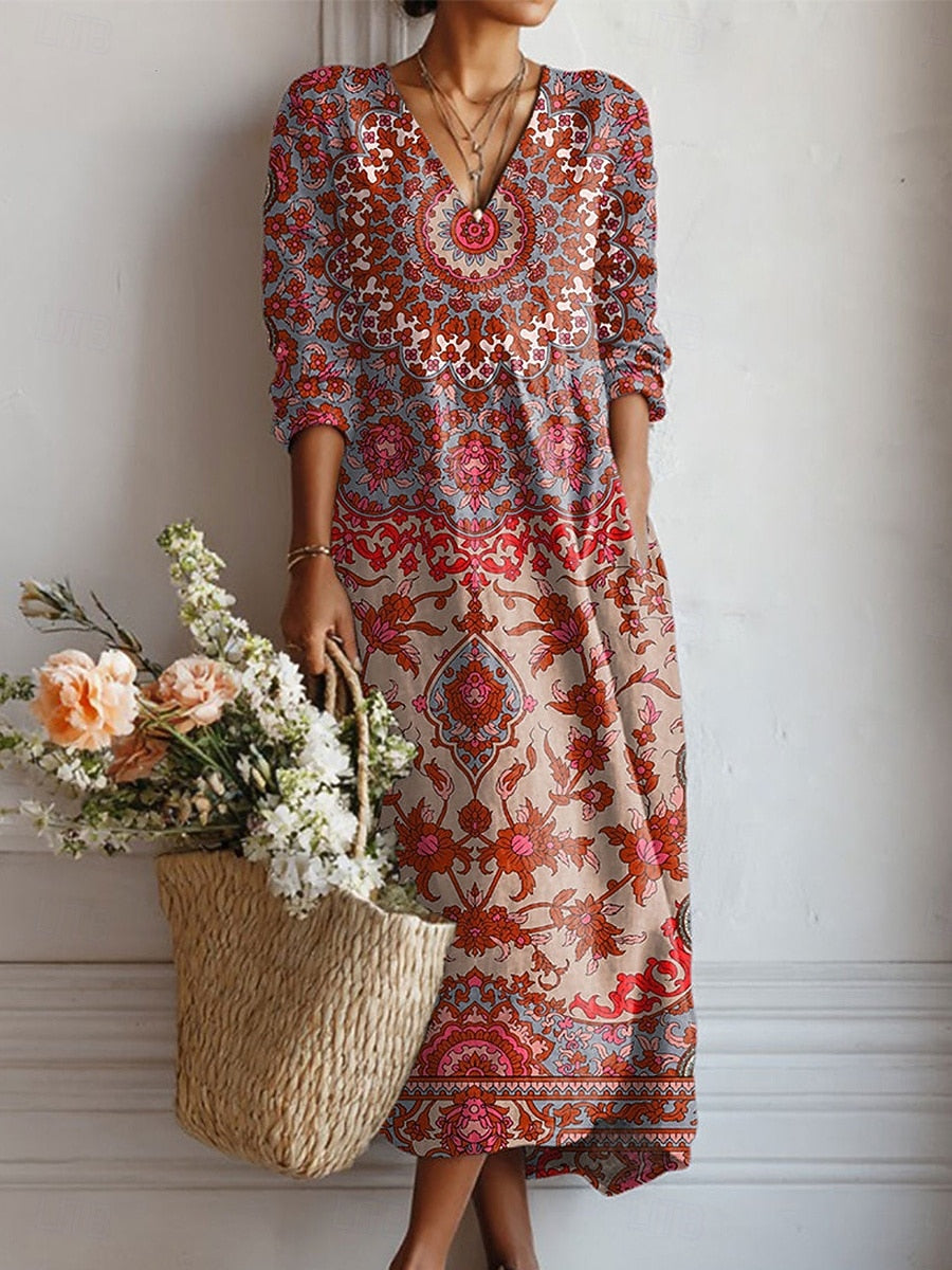 Floral Print Midi Dress with V-Neckline