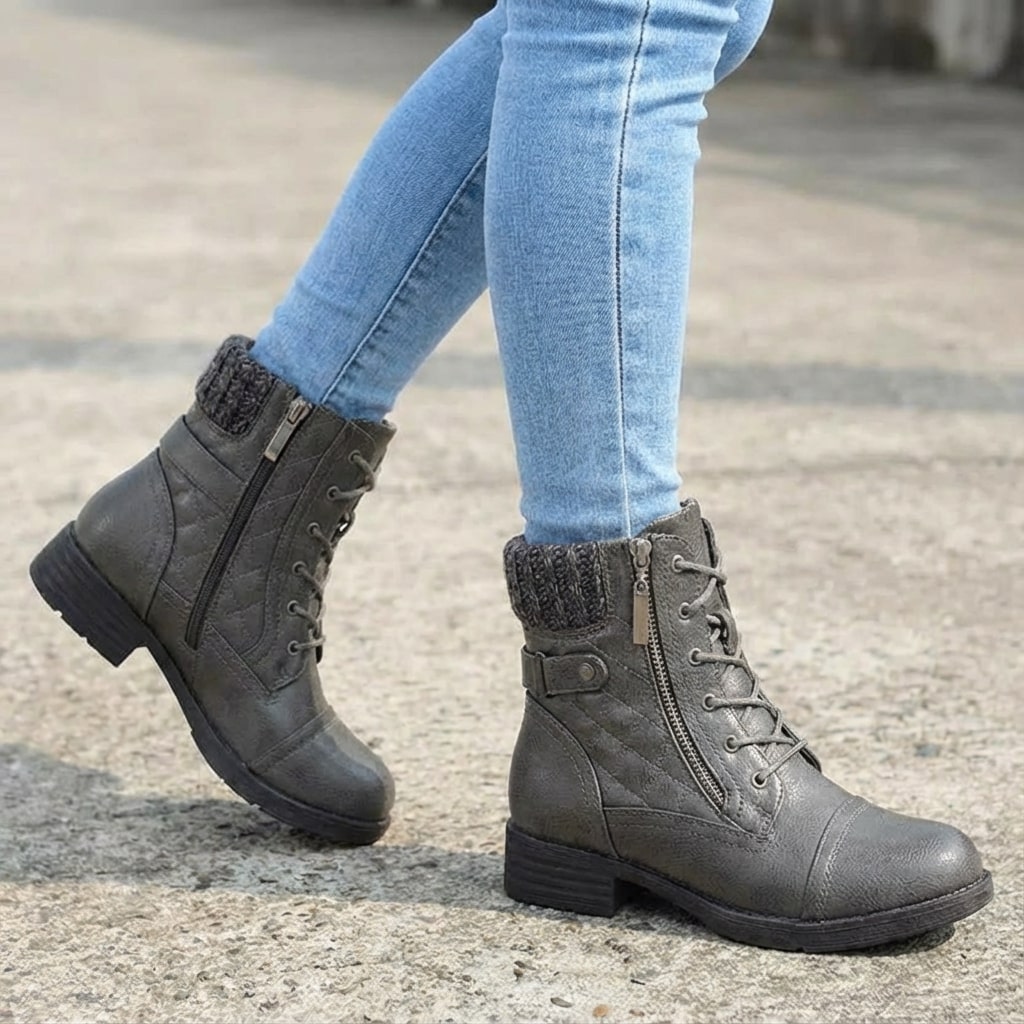 Bottines montantes à lacets pour femmes avec revers tricoté